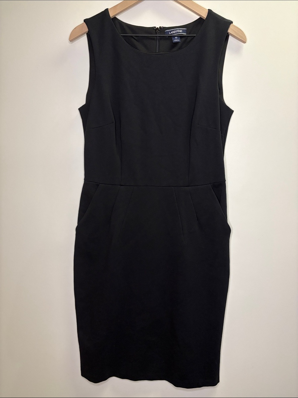 Lands' End LBD Modest Black Sleeveless Midi Sheath Dress Ponte Knit 10 Pockets